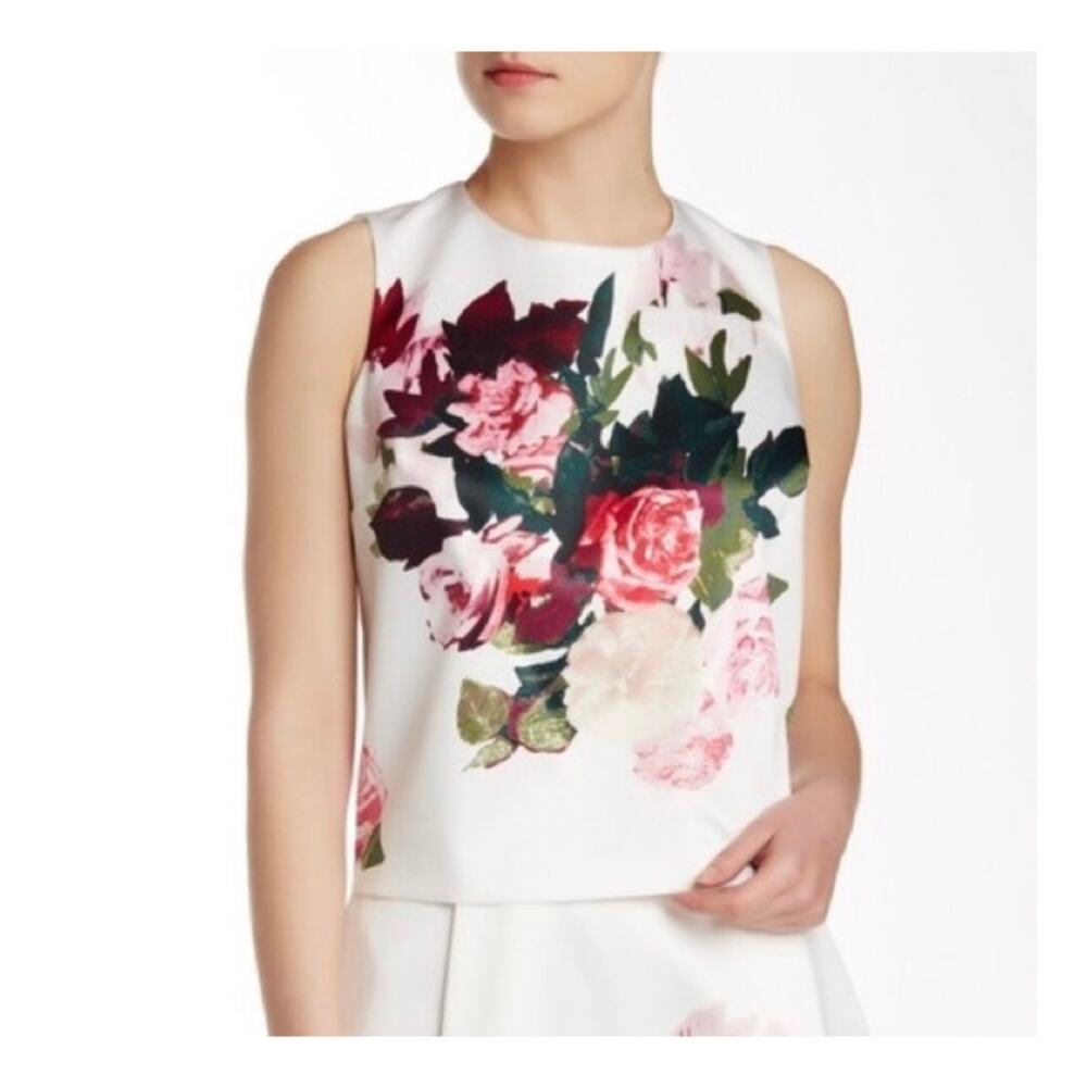 Floral Satin Top Size S Roses Pink White Sleeveless Shell Wedding Guest Party